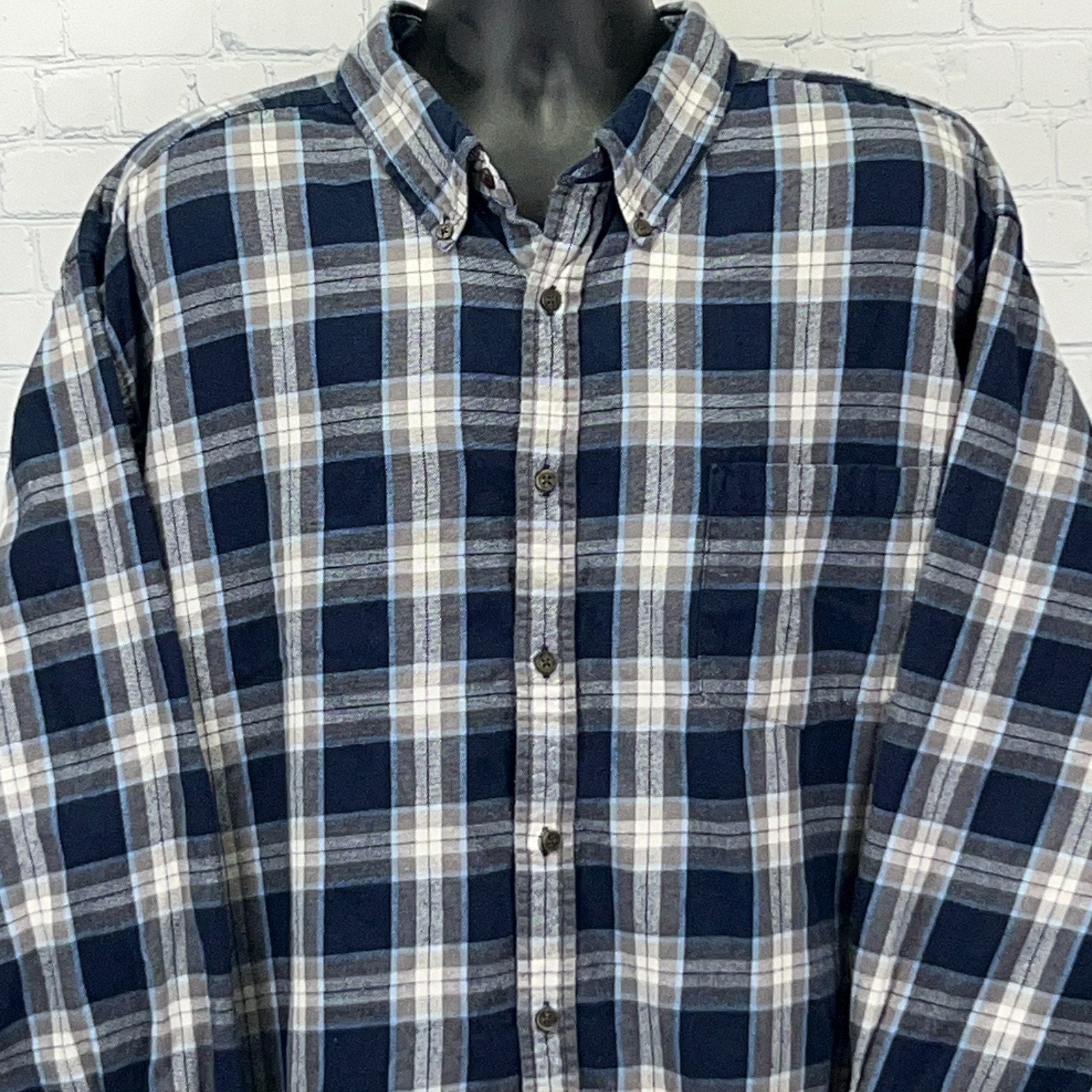Foundry Blue and Gray Plaid Button-Up Shirt in Large with Front Pocket and Buttons
