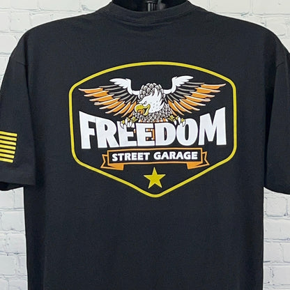 Black Freedom Street Garage T-shirt featuring eagle logo and bold graphic design on the front