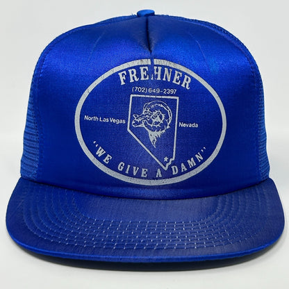Blue Vintage Trucker Hat with Frehner logo, featuring a mesh back and adjustable fit for comfort
