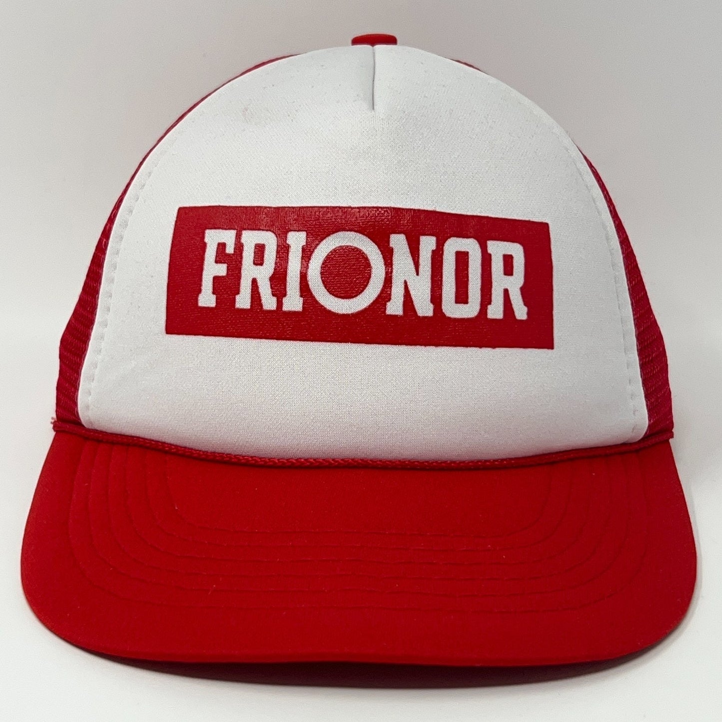 Red and white Vintage Trucker Hat with FRIONOR logo on the front for a classic look