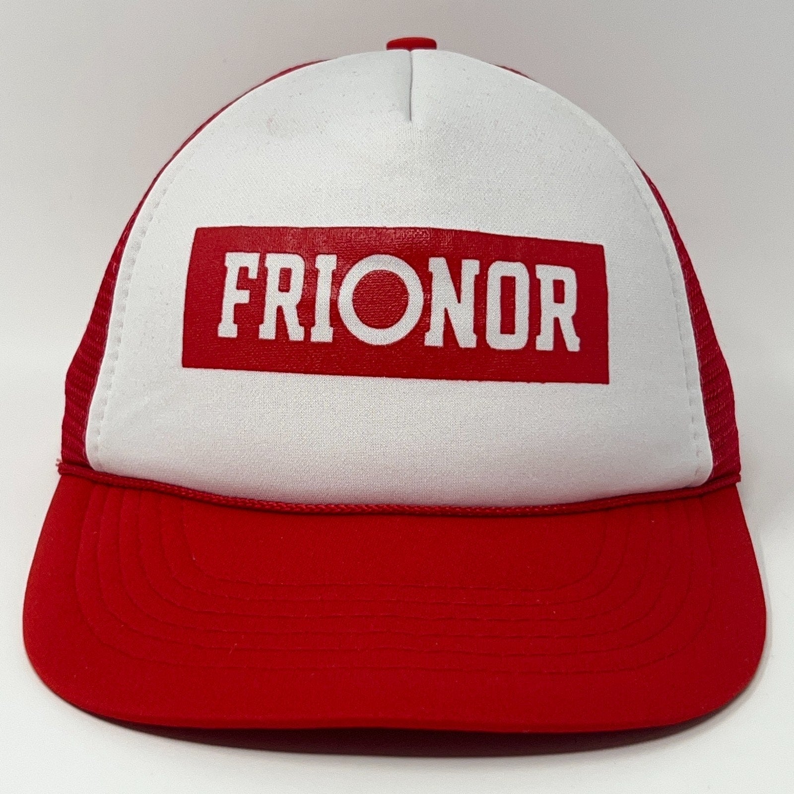 Red and white Vintage Trucker Hat with FRIONOR logo on the front for a classic look