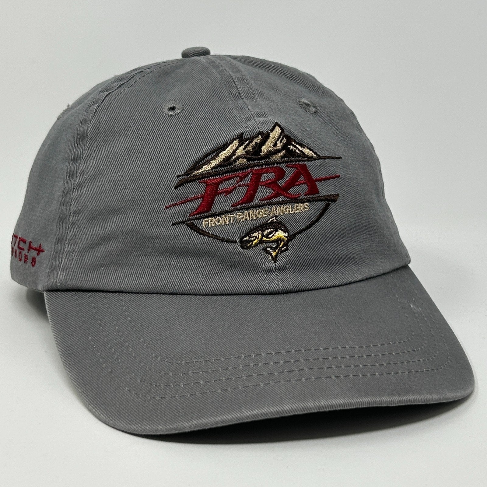 Gray FRA Fishing Hat with Mountain Logo, adjustable size and front view for outdoor enthusiasts