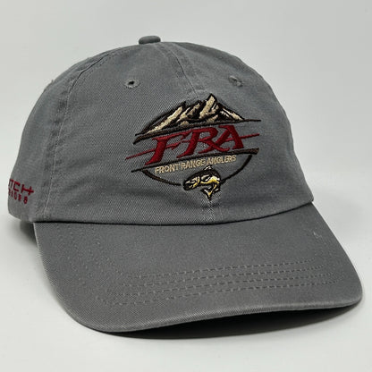 Gray FRA Fishing Hat with Mountain Logo, adjustable size and front view for outdoor enthusiasts