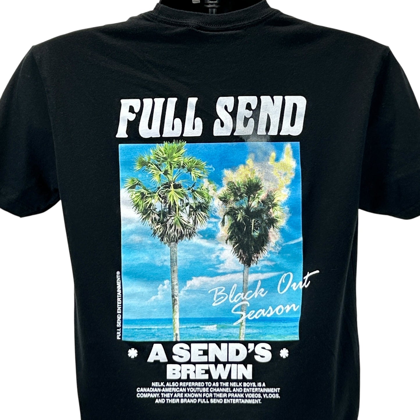 Black Full Send T-Shirt featuring palm tree graphic and bold text on the back view
