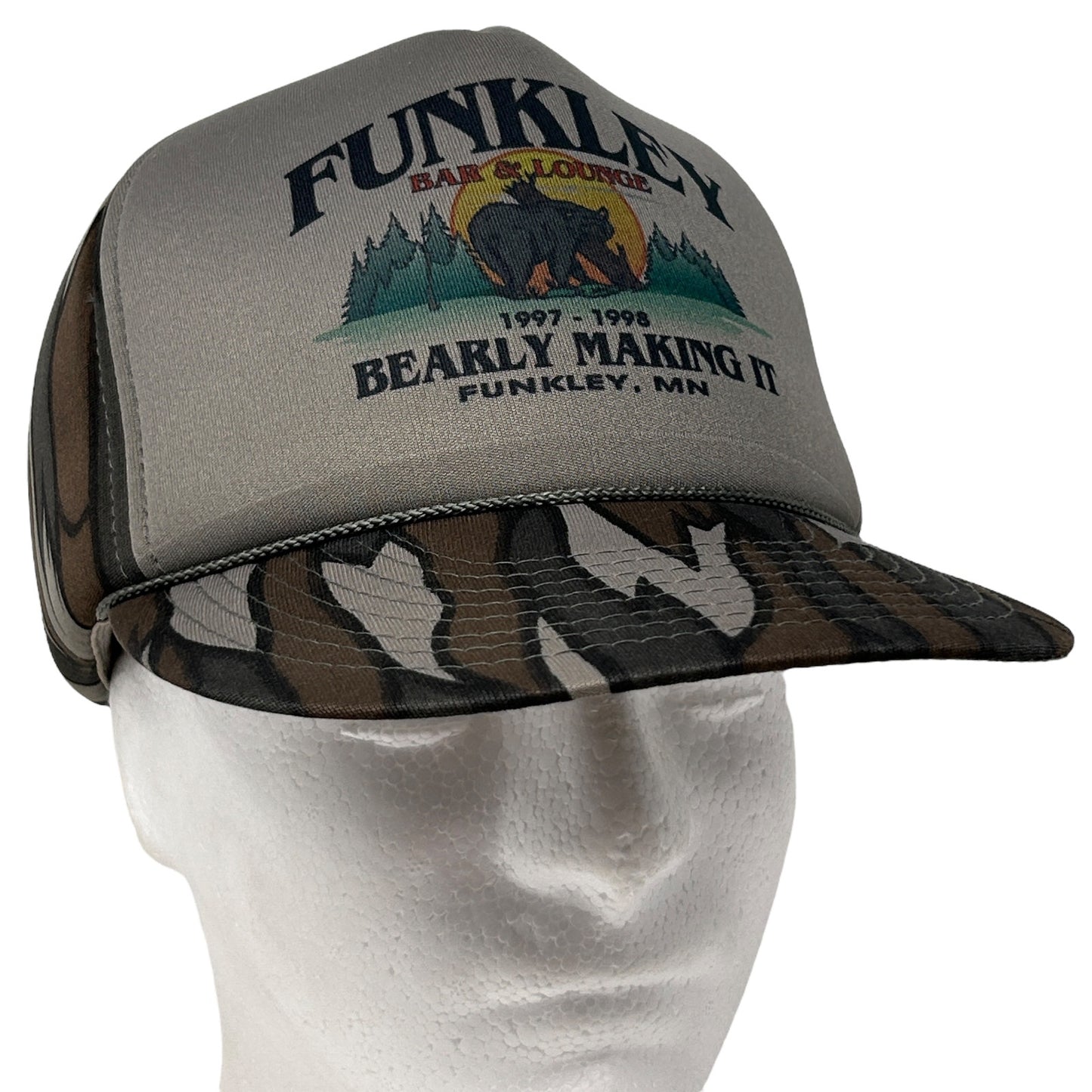 Vintage Minnesota Funkley Bar & Lounge Hat with Bear Logo in Gray and Brown Camouflage, Side View