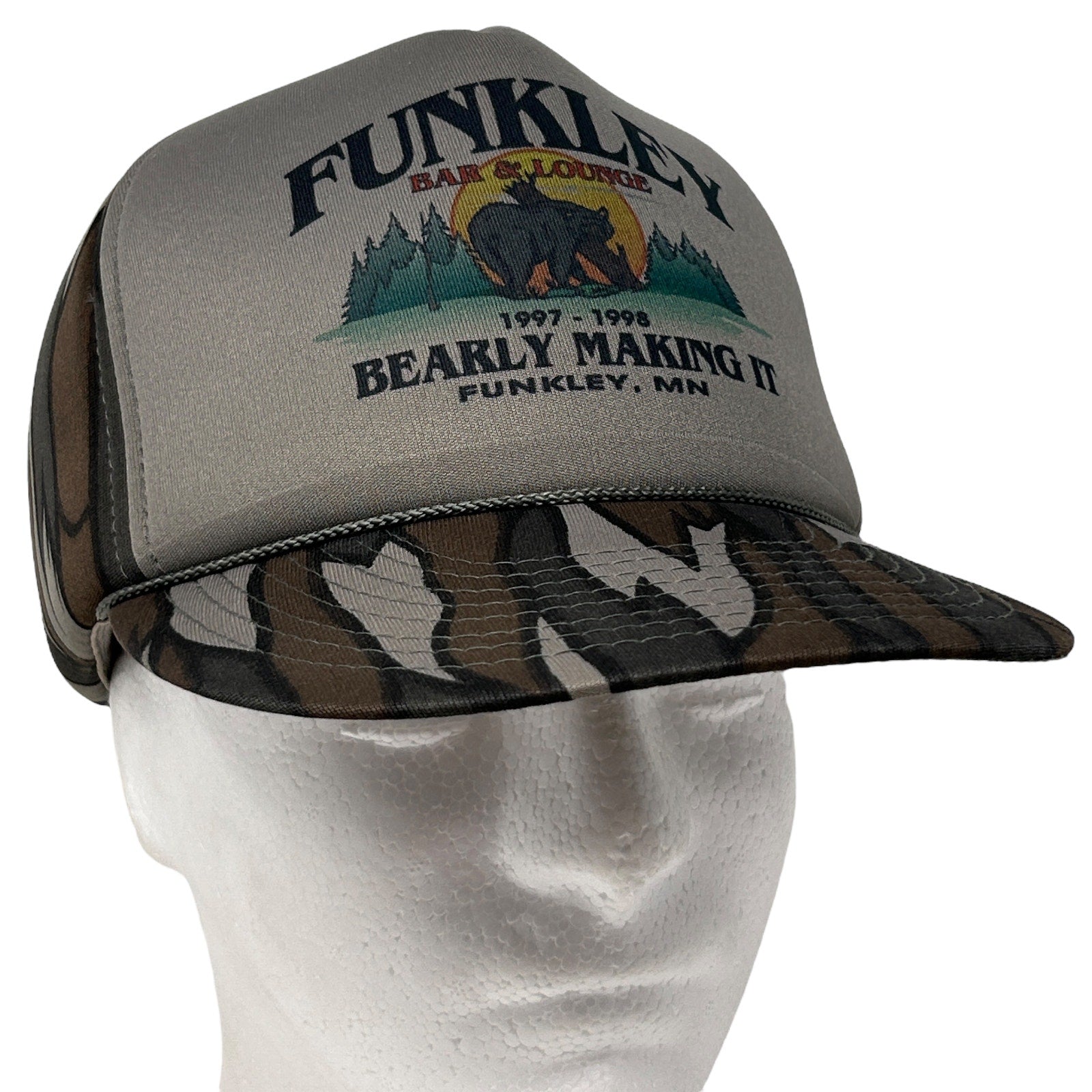 Vintage Minnesota Funkley Bar & Lounge Hat with Bear Logo in Gray and Brown Camouflage, Side View