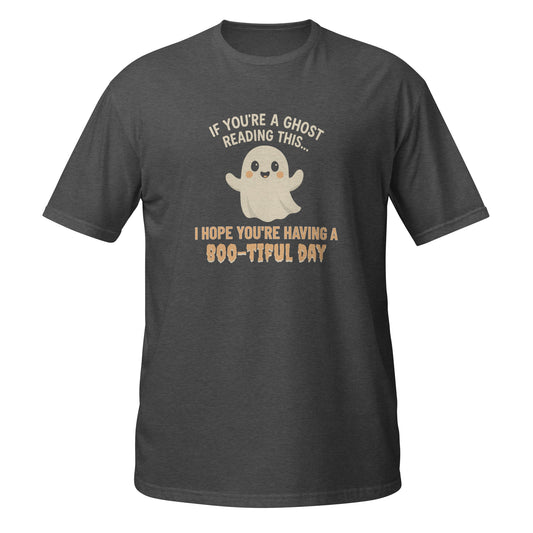 Funny T-Shirt in dark gray featuring a cute ghost with a playful message on the front