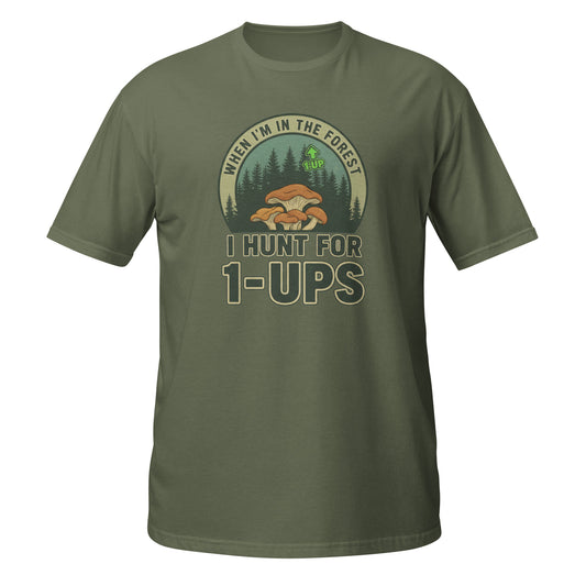 Funny T-Shirt in olive green featuring 'I Hunt for 1-Ups' graphic and mushroom design on the front