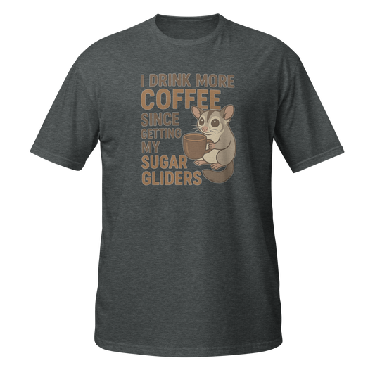 Funny T-Shirt in gray featuring a cute sugar glider holding a coffee cup and playful text