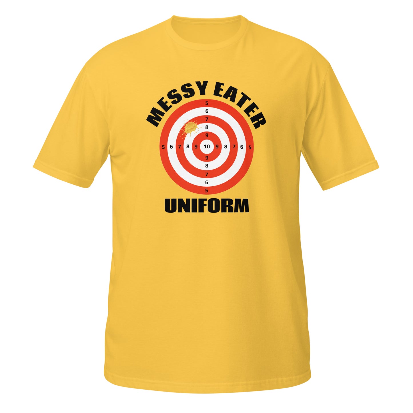 Funny T-Shirt in yellow featuring 'Messy Eater Uniform' graphic target design on the front
