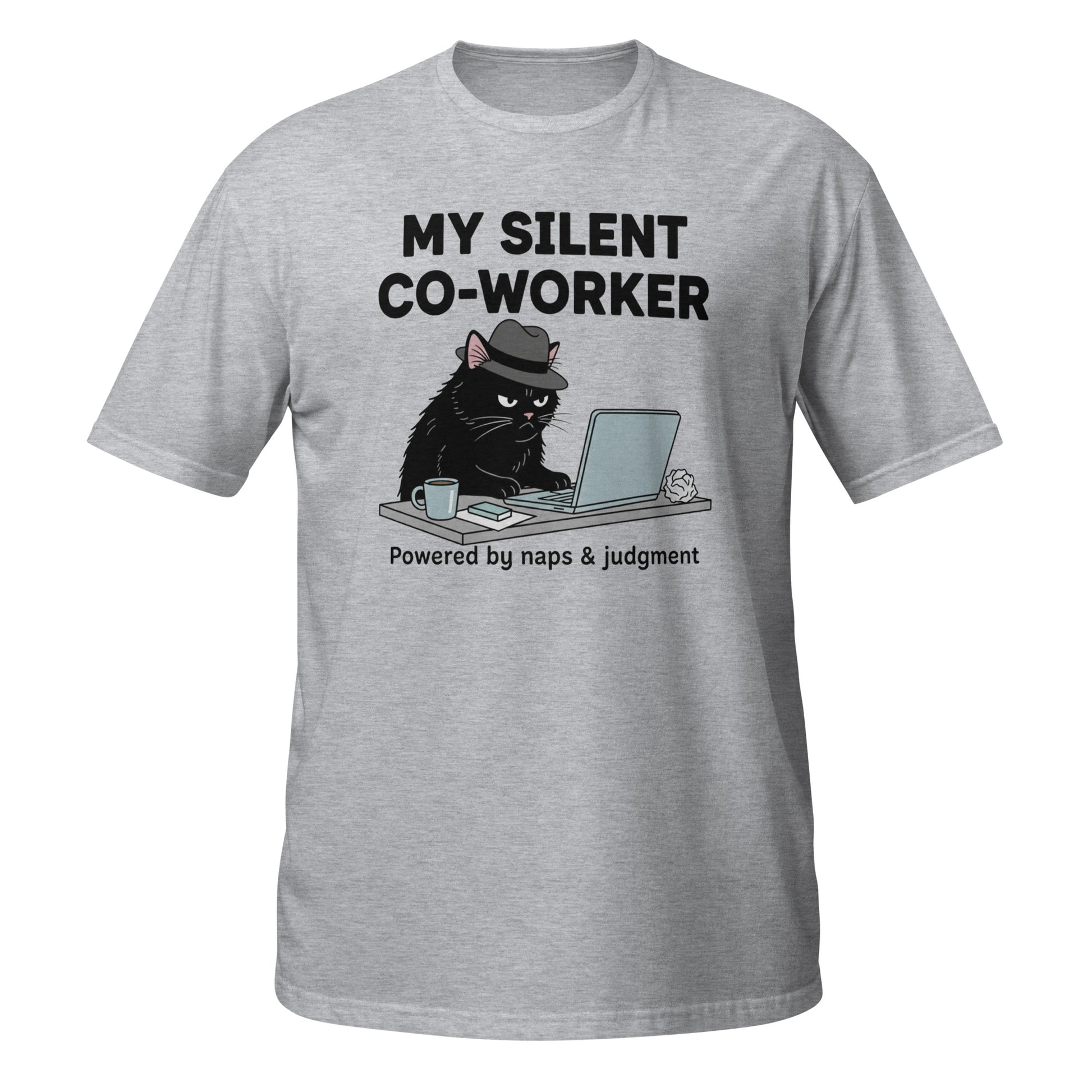 Funny T-Shirt in grey featuring a black cat at a desk with the text My Silent Co-Worker