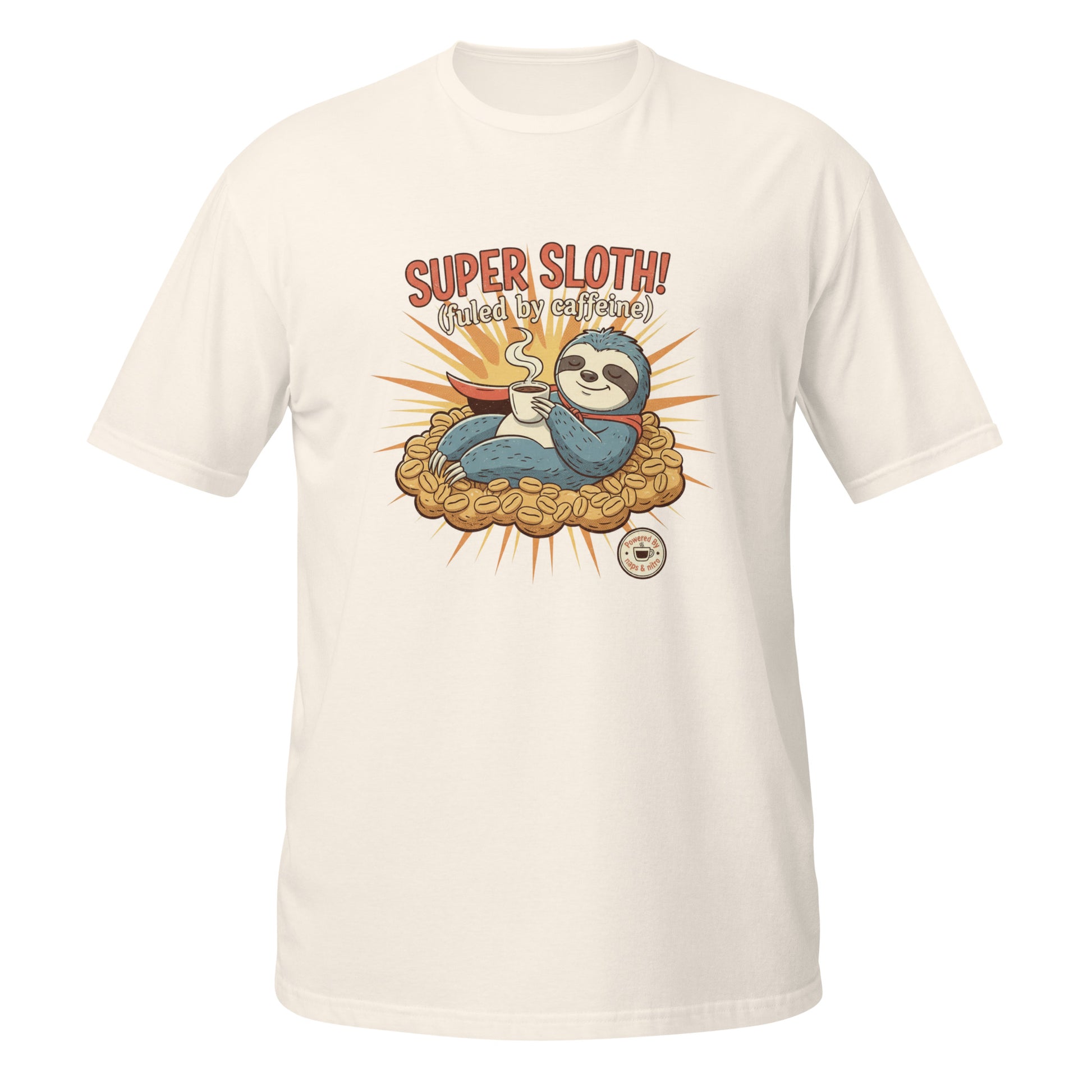 Funny T-Shirt featuring a sloth design with coffee details on a cream background, front view