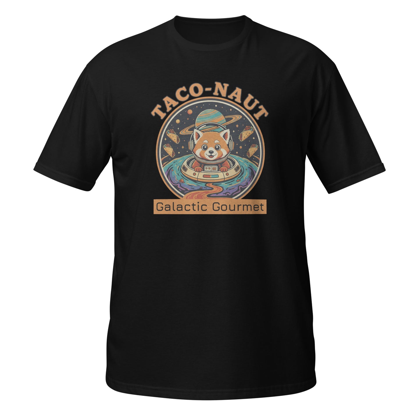 Black Funny T-Shirt featuring a Taco-naut graphic design with a cute dog in space