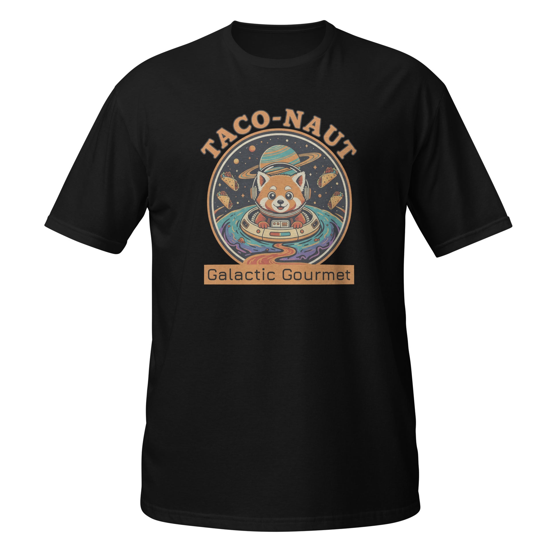 Black Funny T-Shirt featuring a Taco-naut graphic design with a cute dog in space
