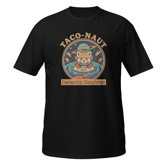 Black Funny T-Shirt featuring a Taco-naut graphic design with a cute dog in space