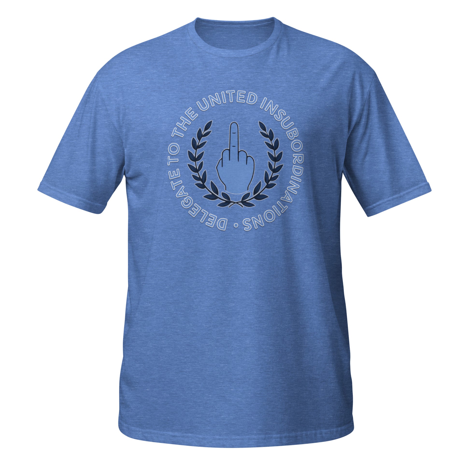 Funny T-Shirt in blue with a graphic of a raised finger and text in a circular design