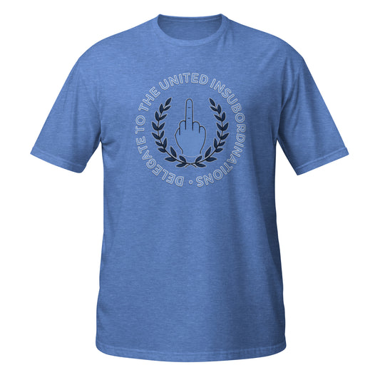 Funny T-Shirt in blue with a graphic of a raised finger and text in a circular design