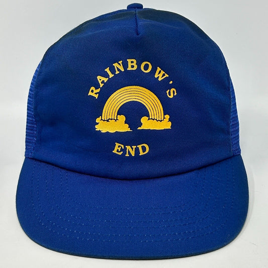 Vintage 80s Rainbows End Trucker Hat Baseball Cap Snapback Made In USA Blue