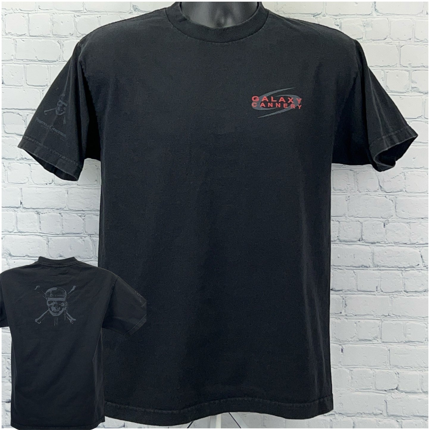 Black Alstyle T-shirt featuring Pirates of the Caribbean graphic on front with a skull and crossbones detail on back