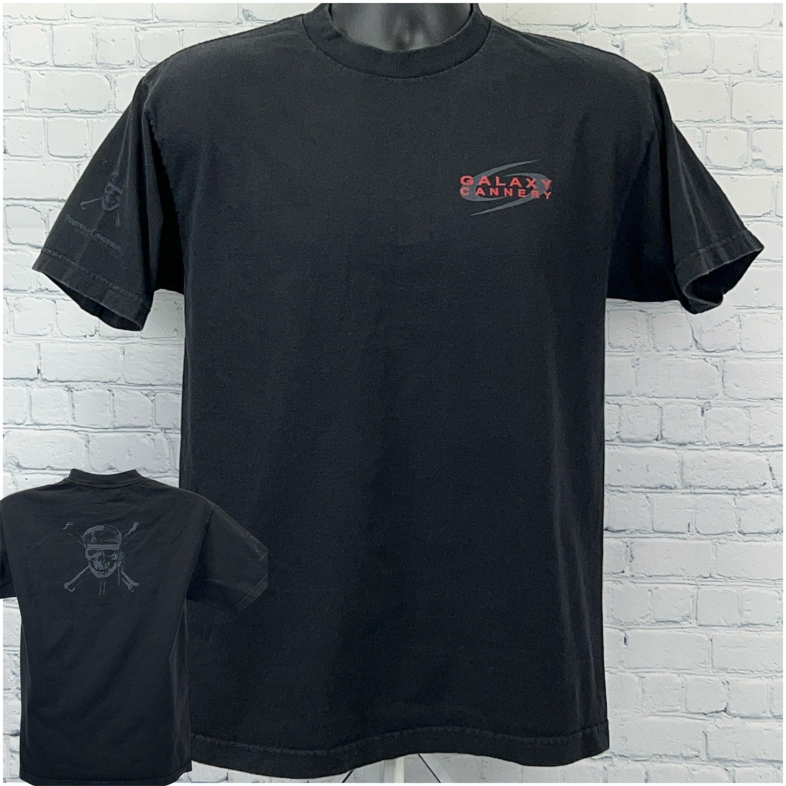 Black Alstyle T-shirt featuring Pirates of the Caribbean graphic on front with a skull and crossbones detail on back