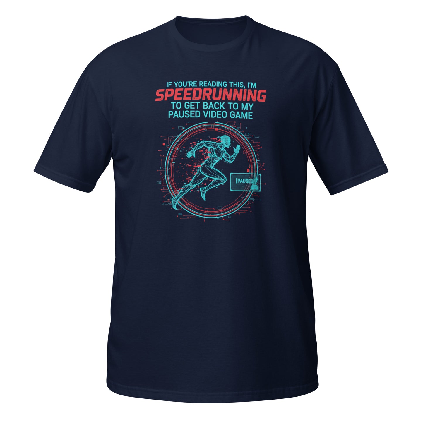 Navy Gamer T-Shirt featuring a speedrunning graphic and text on the front, perfect for gaming enthusiasts