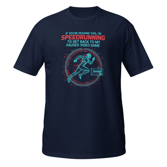 Navy Gamer T-Shirt featuring a speedrunning graphic and text on the front, perfect for gaming enthusiasts