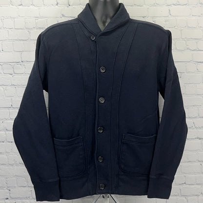 Gap navy blue cardigan sweater in size medium, featuring a shawl collar and front pockets with button closure.