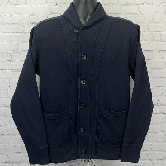 Gap navy blue cardigan sweater in size medium, featuring a shawl collar and front pockets with button closure.