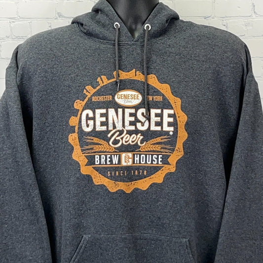 Charcoal Jerzees hoodie with Genesee Brewing logo on front, featuring orange circular design and text.