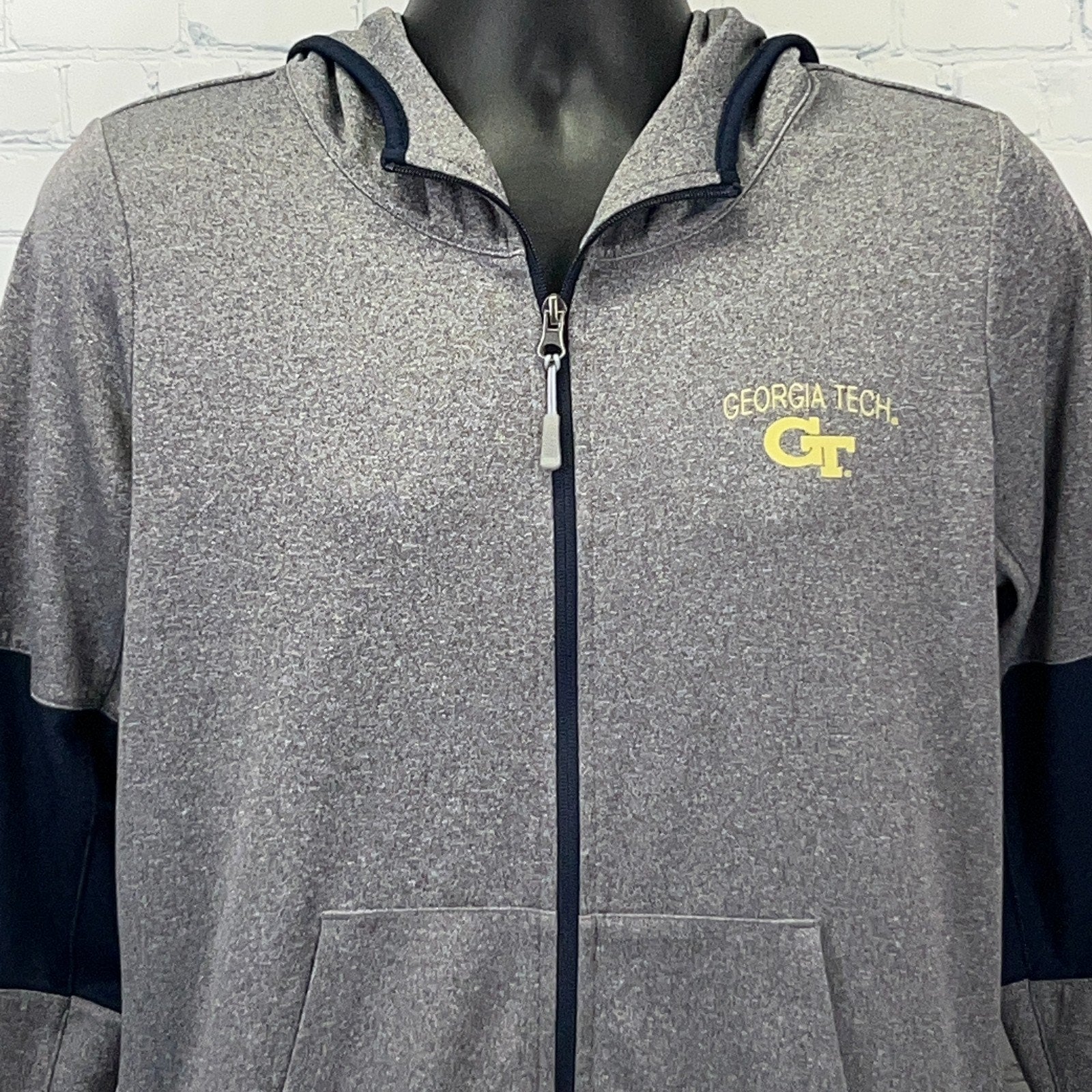 Champion Gray Zip-Up Hoodie with Georgia Tech Logo, Front View, Size Medium