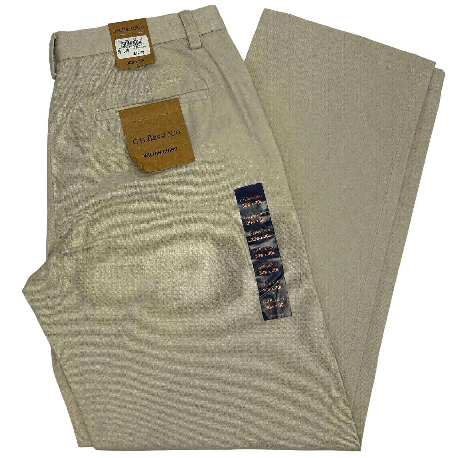 G.H. Bass khaki pants with tags, showing front view and detailing on pockets