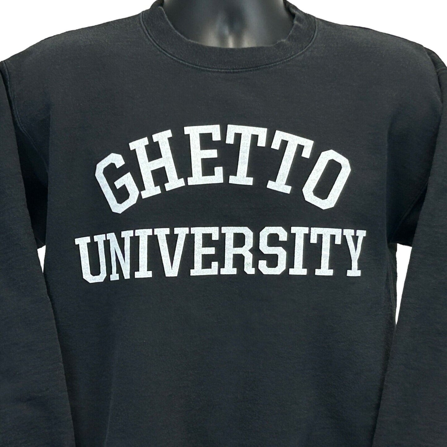 Black Hanes sweatshirt featuring the phrase Ghetto University in bold white letters, front view