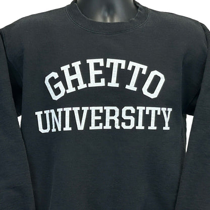 Black Hanes sweatshirt featuring the phrase Ghetto University in bold white letters, front view