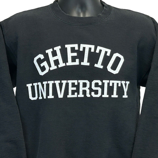 Black Hanes sweatshirt featuring the phrase Ghetto University in bold white letters, front view