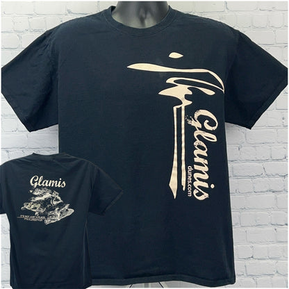 Gildan Black T-Shirt with Glamis Sand Dunes Graphic on Front and Back, Size Medium