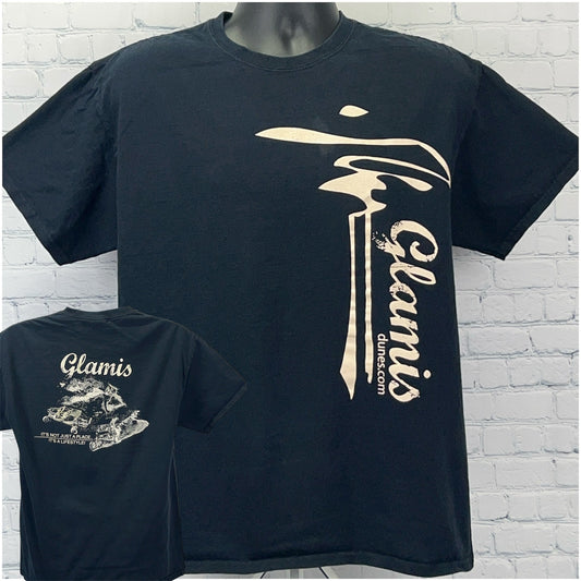 Gildan Black T-Shirt with Glamis Sand Dunes Graphic on Front and Back, Size Medium