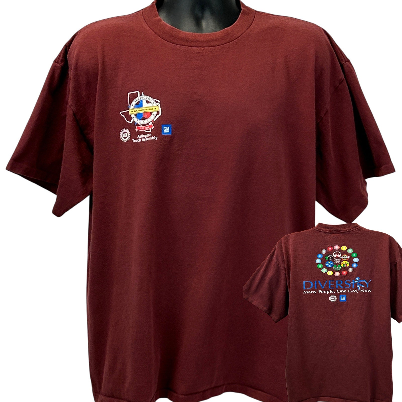 Maroon Alore T-Shirt featuring GM logo, diversity design on back, oversized fit, shown from front and back views