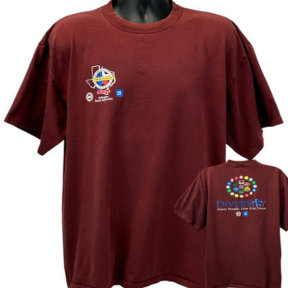 Maroon Alore T-Shirt featuring GM logo, diversity design on back, oversized fit, shown from front and back views