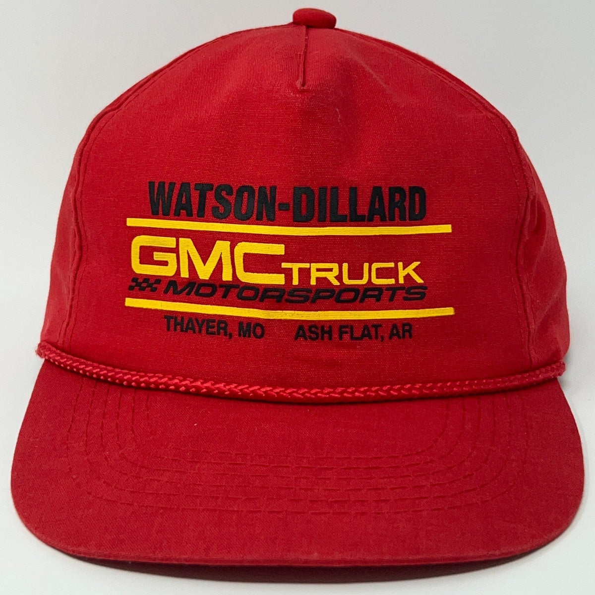 Red Sportsman cap featuring GMC Truck Motorsports logo with unique trim and adjustable fit