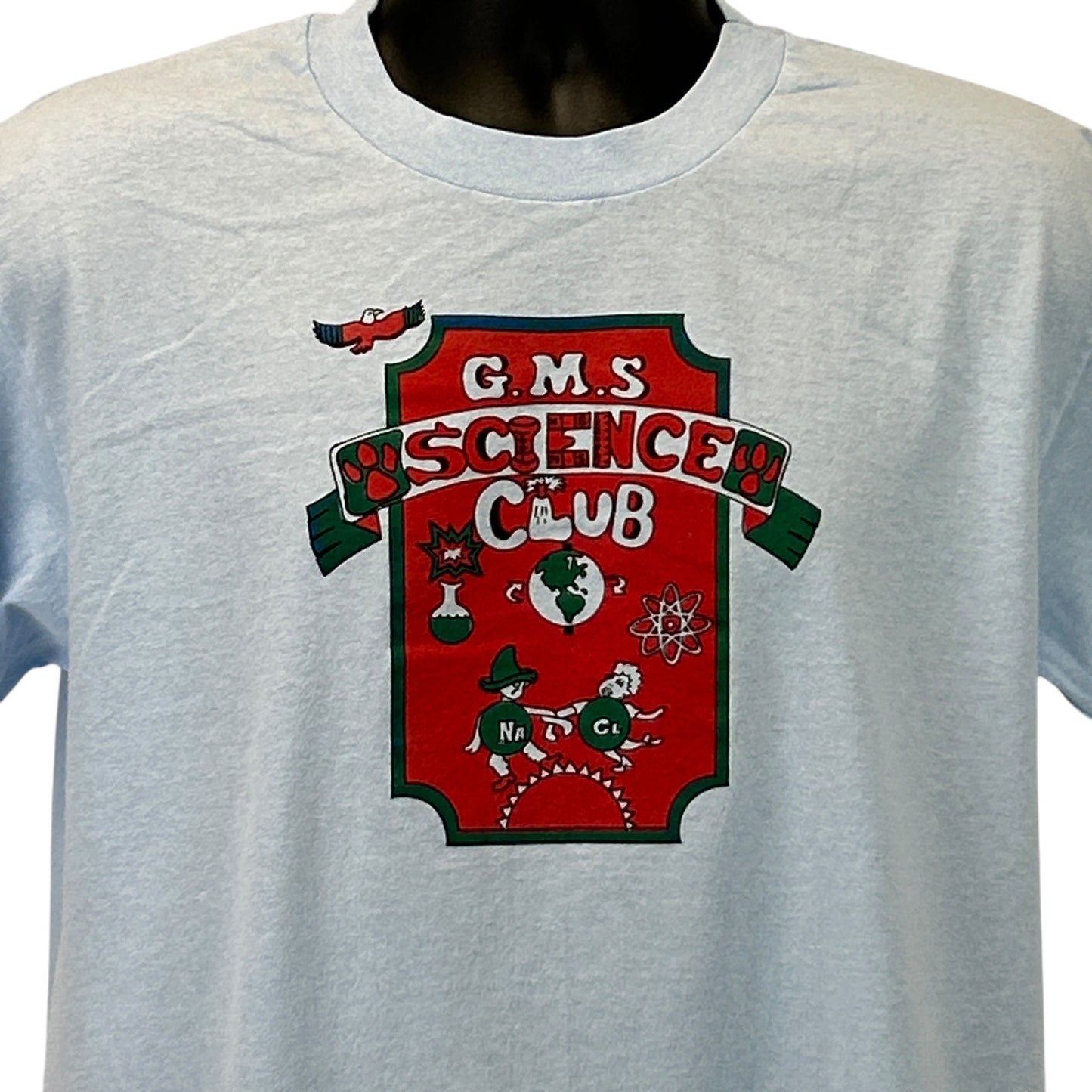Light gray Hanes T-shirt featuring GMS Science Club logo, front view, with colorful graphics and unique design.