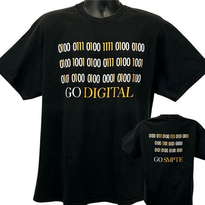 Black T-Shirt with GO DIGITAL text and SMPTE logo, featuring binary code design on front and back