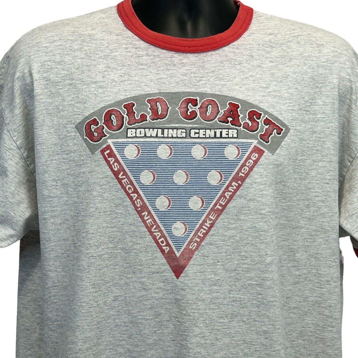 Gray Murina T-Shirt with front graphic of Gold Coast Bowling Center and red collar for casual wear