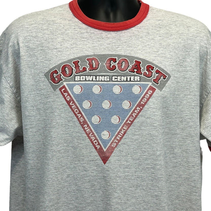 Gray Murina T-Shirt with front graphic of Gold Coast Bowling Center and red collar for casual wear