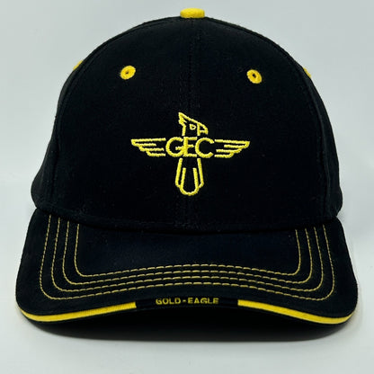 Front view of Gold Eagle Coop Hat in black with yellow accents and logo embroidery