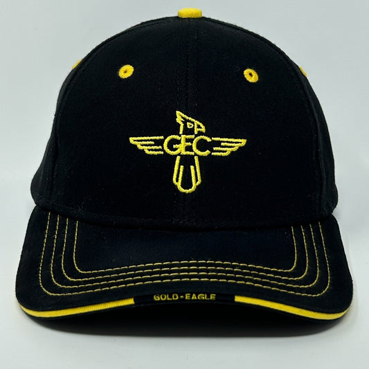 Front view of Gold Eagle Coop Hat in black with yellow accents and logo embroidery