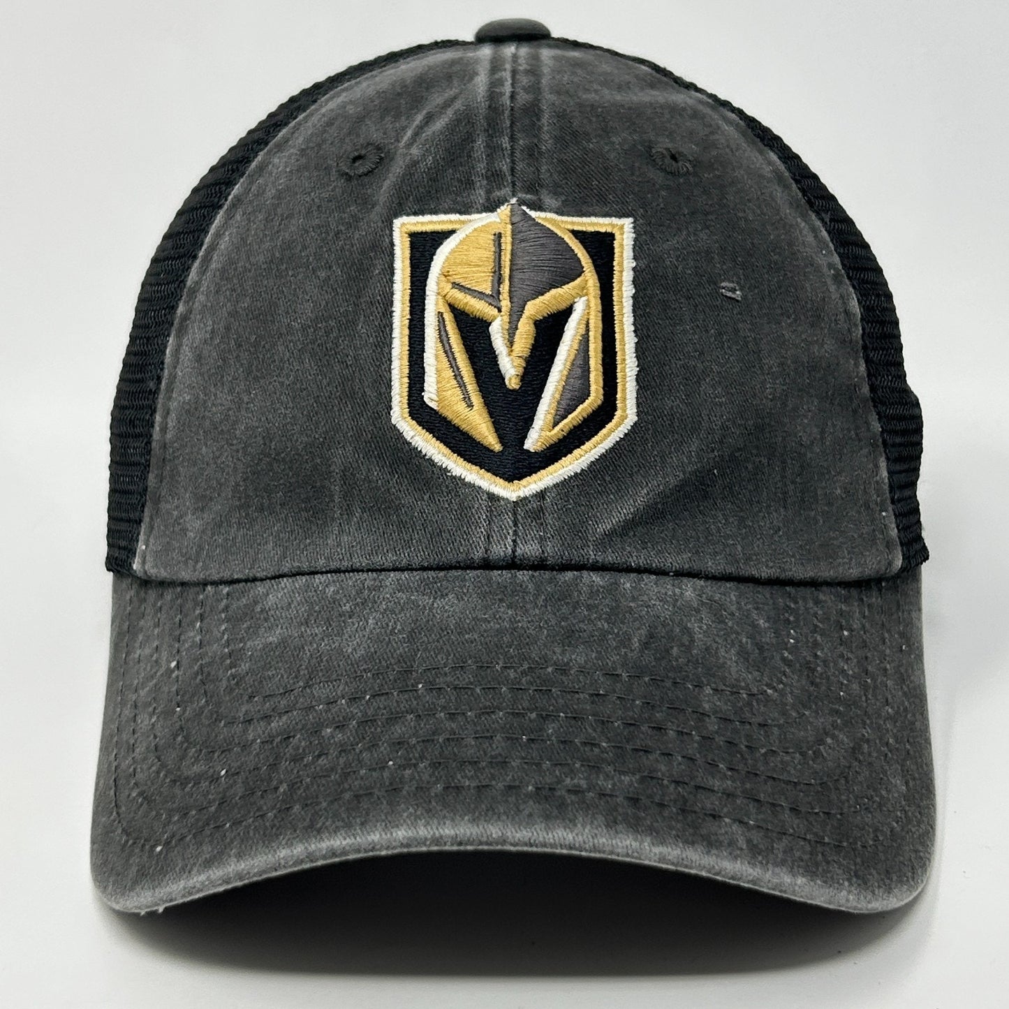 Front view of a gray American Needle Golden Knights Hat with an embroidered logo and mesh back