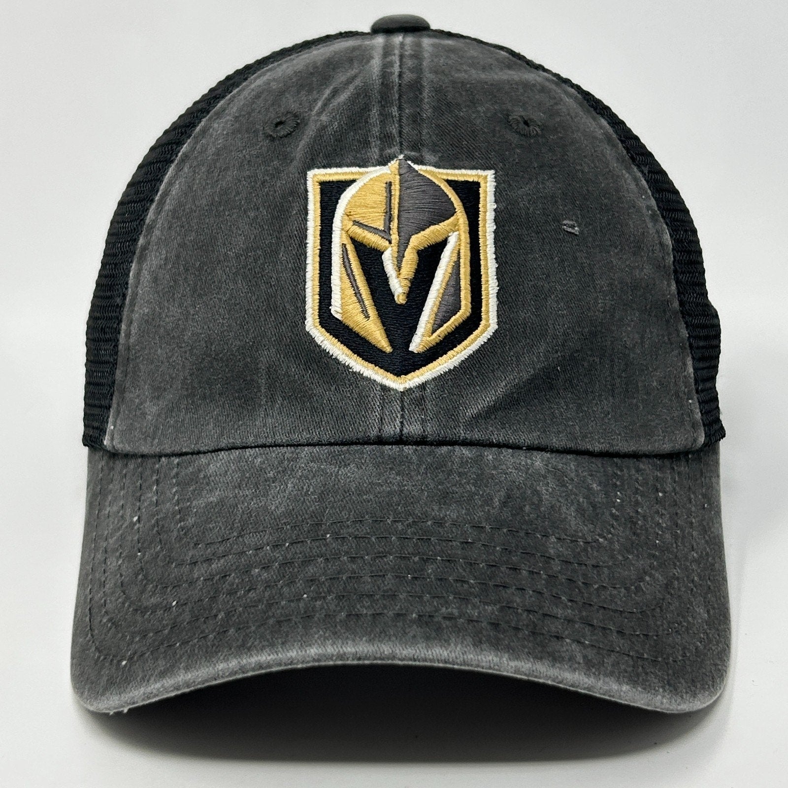 Front view of a gray American Needle Golden Knights Hat with an embroidered logo and mesh back