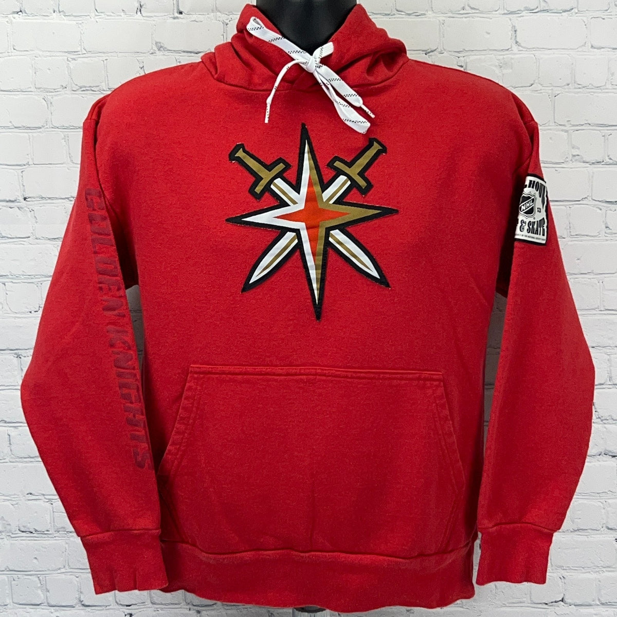 Calhoun Sportswear red hoodie featuring Golden Knights logo in large print and a kangaroo pocket