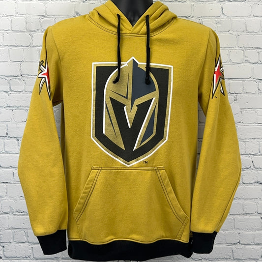 Front view of Golden Knights Hoodie in gold featuring team logo and red star accents on sleeves