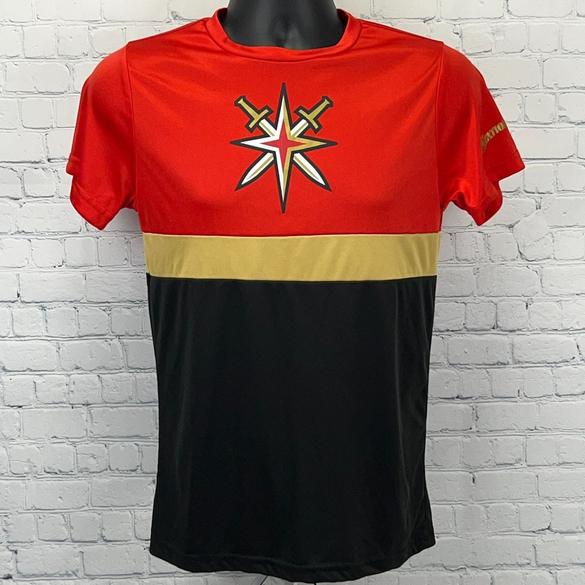 Station Casinos Golden Knights Red and Black T-shirt with Gold Stripe and Unique Sword Logo
